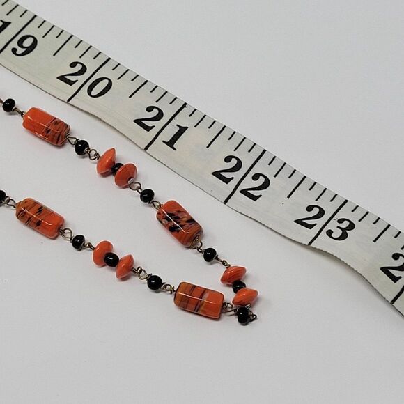 Vintage 30's Art Deco Orange Black Art Glass Chain Linked Flapper Necklace - Picture 3 of 12